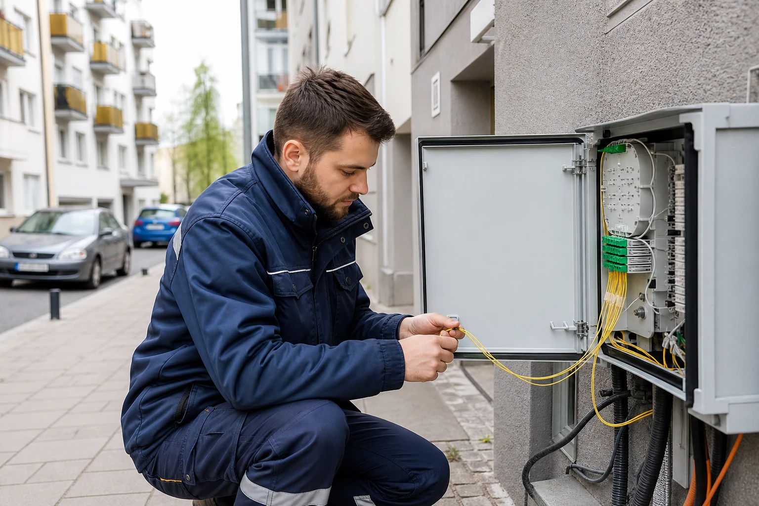 Technik pracujący przy instalacji światłowodowej